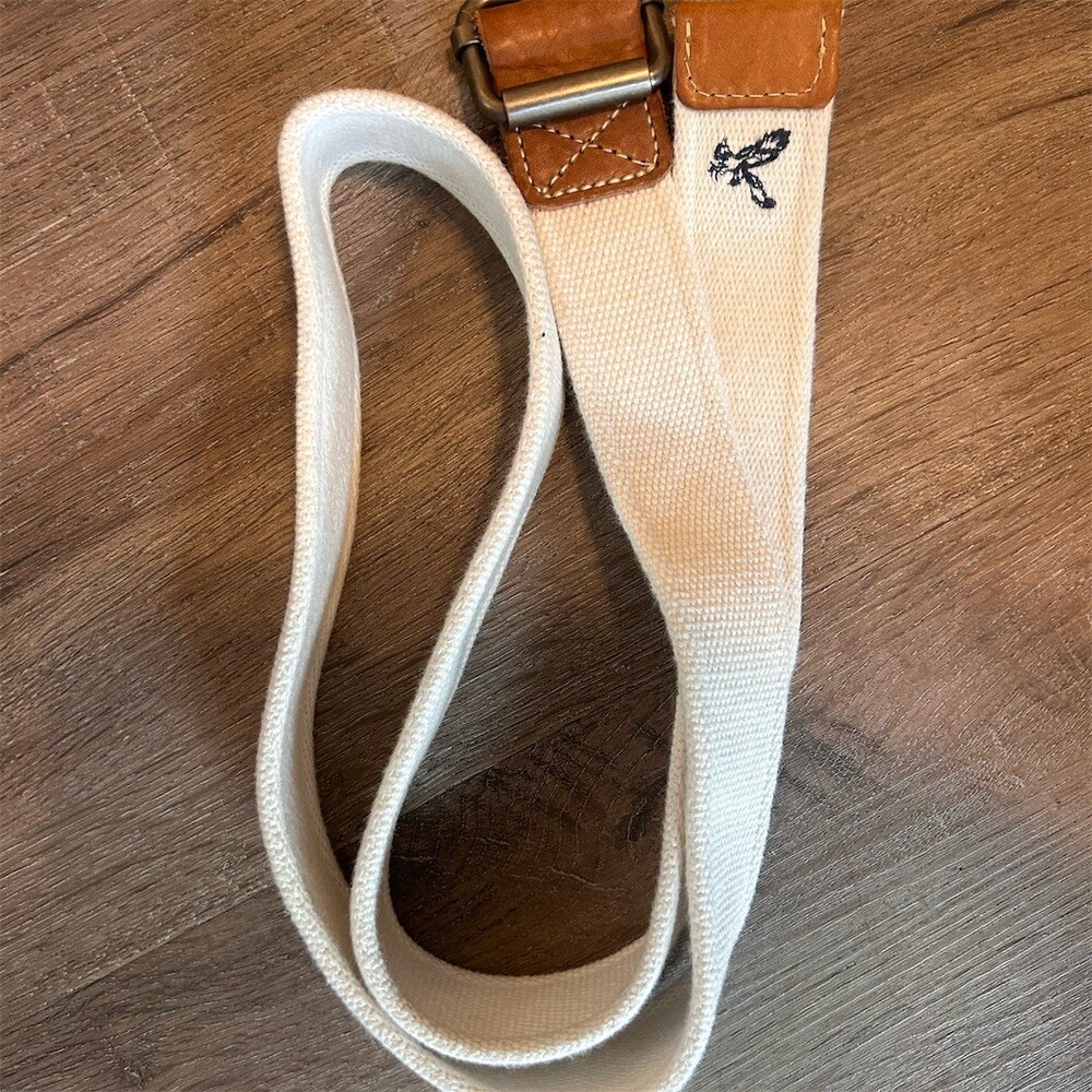 American Eagle Outfitters Web Belt Womens M Ivory Leather Ends Logo Buckle